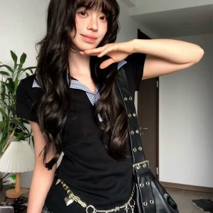 Women's Summer Plaid Splicing Polo Collar Short Sleeve T-Shirt - American Style Slim Fit College Trendy Top