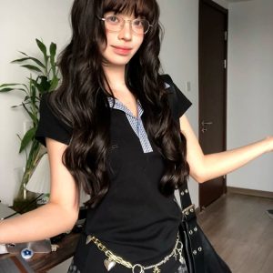 Women's Summer Plaid Splicing Polo Collar Short Sleeve T-Shirt - American Style Slim Fit College Trendy Top