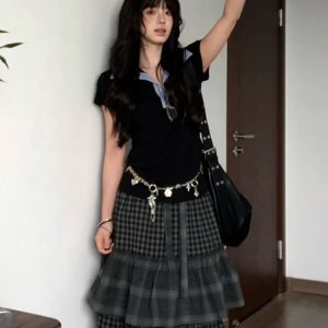 Women's Summer Plaid Splicing Polo Collar Short Sleeve T-Shirt - American Style Slim Fit College Trendy Top