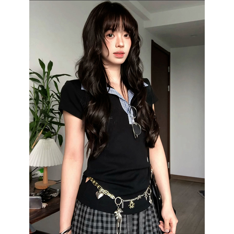 Women's Summer Plaid Splicing Polo Collar Short Sleeve T-Shirt - American Style Slim Fit College Trendy Top