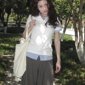 Women's Summer Plaid V-Neck Polo Shirt Two-Piece Outfit - Short Sleeve, Slim Fit College Style Top