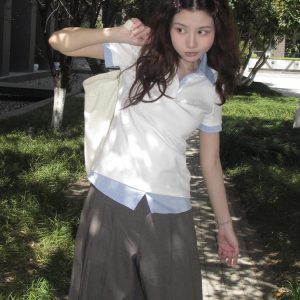 Women's Summer Plaid V-Neck Polo Shirt Two-Piece Outfit - Short Sleeve, Slim Fit College Style Top