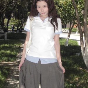 Women's Summer Plaid V-Neck Polo Shirt Two-Piece Outfit - Short Sleeve, Slim Fit College Style Top