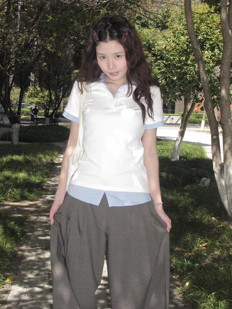 Women's Summer Plaid V-Neck Polo Shirt Two-Piece Outfit - Short Sleeve, Slim Fit College Style Top Women's Summer Plaid V-Neck Polo Shirt Two-Piece Outfit - Short Sleeve, Slim Fit College Style Top