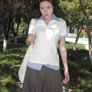 Women's Summer Plaid V-Neck Polo Shirt Two-Piece Outfit - Short Sleeve, Slim Fit College Style Top