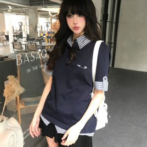 Women's Summer Retro Short-Sleeve Polo Shirt, MIU-Style Plaid Splicing Faux Two-Piece T-Shirt, Slim Fit, Trendy 90s Inspired Top