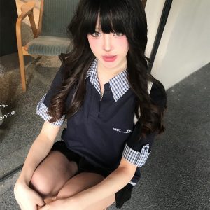 Women's Summer Retro Short-Sleeve Polo Shirt, MIU-Style Plaid Splicing Faux Two-Piece T-Shirt, Slim Fit, Trendy 90s Inspired Top