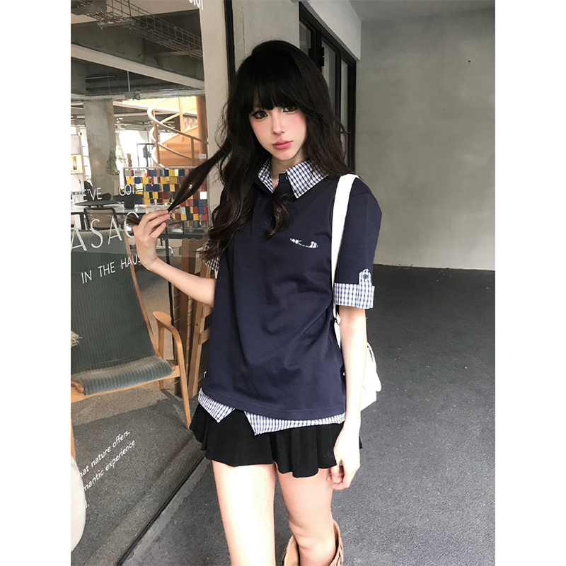 Women's Summer Retro Short-Sleeve Polo Shirt, MIU-Style Plaid Splicing Faux Two-Piece T-Shirt, Slim Fit, Trendy 90s Inspired Top