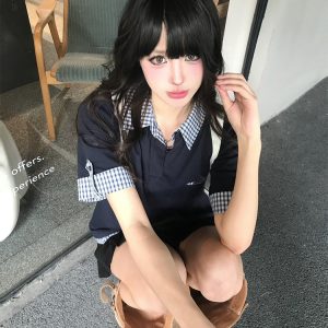 Women's Summer Retro Short-Sleeve Polo Shirt, MIU-Style Plaid Splicing Faux Two-Piece T-Shirt, Slim Fit, Trendy 90s Inspired Top