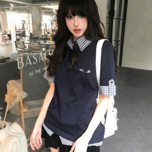 Women's Summer Retro Short-Sleeve Polo Shirt, MIU-Style Plaid Splicing Faux Two-Piece T-Shirt, Slim Fit, Trendy 90s Inspired Top
