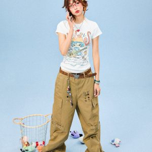 Women's Summer Slim Fit Fun Cartoon Graffiti Short Sleeve T-Shirt - Trendy Y2K Style Casual Top