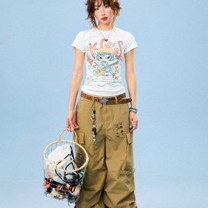 Women's Summer Slim Fit Fun Cartoon Graffiti Short Sleeve T-Shirt - Trendy Y2K Style Casual Top