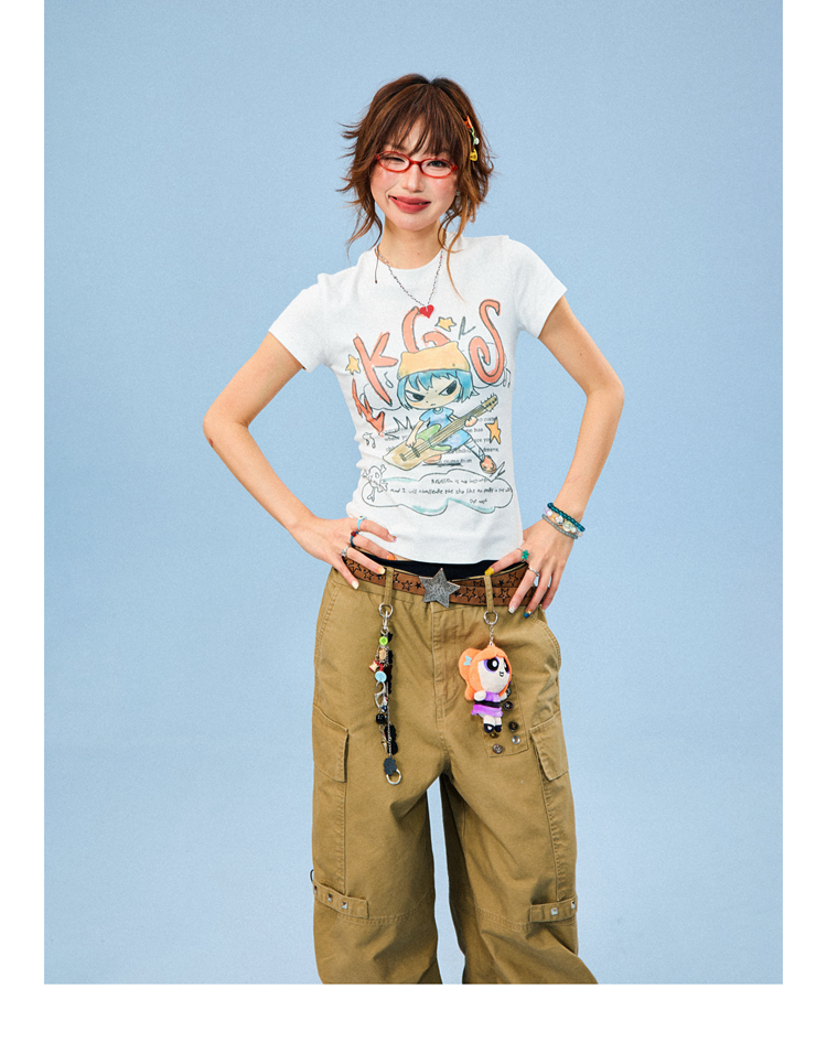 Women's Summer Slim Fit Fun Cartoon Graffiti Short Sleeve T-Shirt - Trendy Y2K Style Casual Top Women's Summer Slim Fit Fun Cartoon Graffiti Short Sleeve T-Shirt - Trendy Y2K Style Casual Top