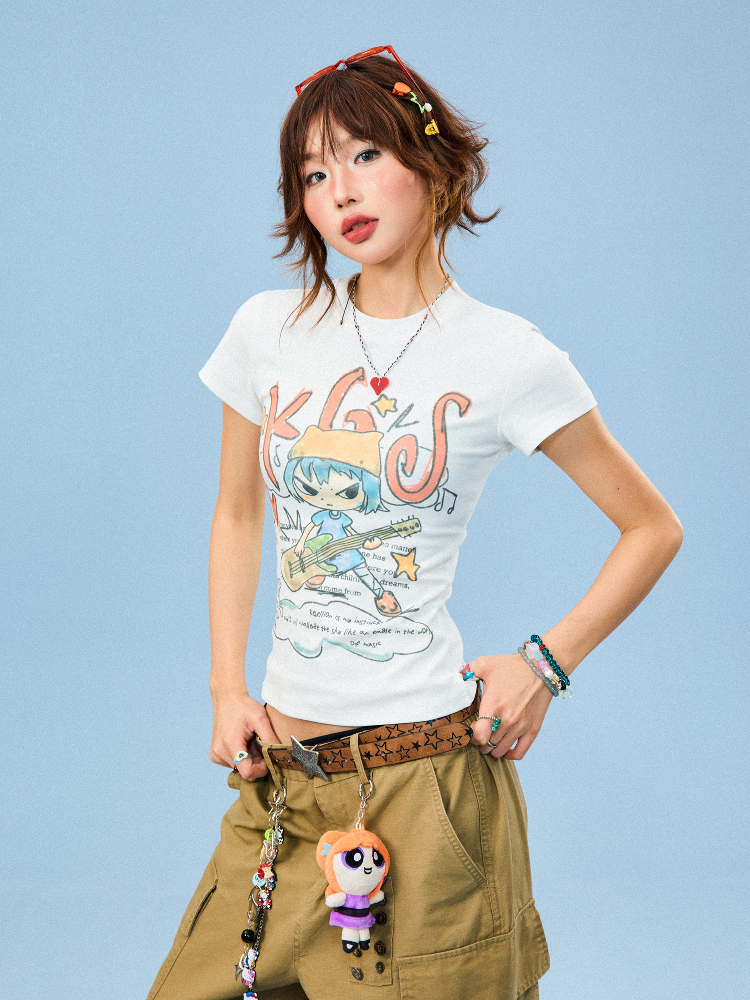 Women's Summer Slim Fit Fun Cartoon Graffiti Short Sleeve T-Shirt - Trendy Y2K Style Casual Top Women's Summer Slim Fit Fun Cartoon Graffiti Short Sleeve T-Shirt - Trendy Y2K Style Casual Top