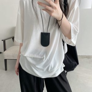 Women's Summer Solid Color Loose Round Neck Short Sleeve T-Shirt - Soft Versatile Sun Grapefruit Top for Casual Style