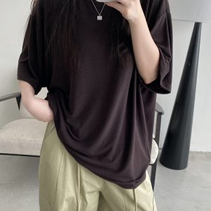 Women's Summer Solid Color Loose Round Neck Short Sleeve T-Shirt - Soft Versatile Sun Grapefruit Top for Casual Style