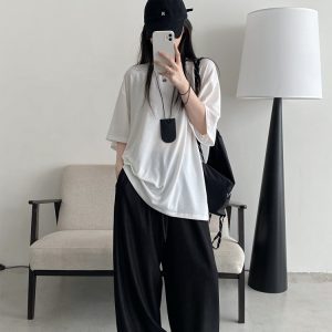 Women's Summer Solid Color Loose Round Neck Short Sleeve T-Shirt - Soft Versatile Sun Grapefruit Top for Casual Style