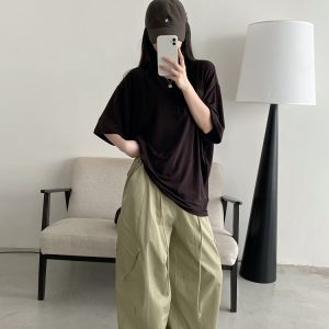 Women's Summer Solid Color Loose Round Neck Short Sleeve T-Shirt - Soft Versatile Sun Grapefruit Top for Casual Style