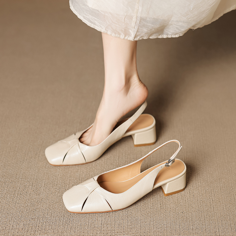 Women's Summer Vintage Chunky High Heel Closed-Toe Sandals - Genuine Leather Woven Hollow-Out Square Toe Design