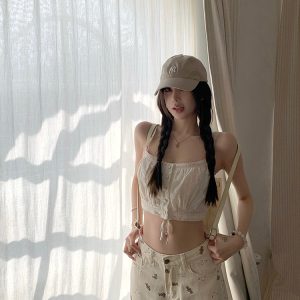 Women's Summer Vintage Embroidered Hollow Top with Spaghetti Straps - French Style, Letter Girl Design, Perfect for Y2K Fashion