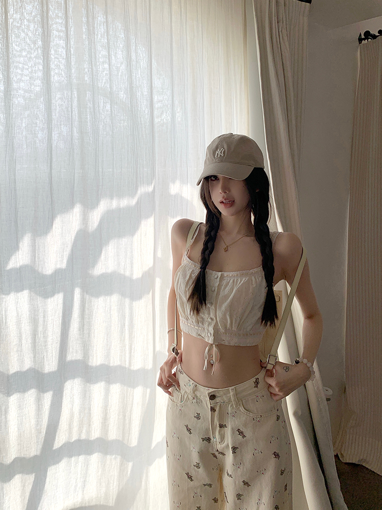 Women's Summer Vintage Embroidered Hollow Top with Spaghetti Straps - French Style, Letter Girl Design, Perfect for Y2K Fashion Women's Summer Vintage Embroidered Hollow Top with Spaghetti Straps - French Style, Letter Girl Design, Perfect for Y2K Fashion