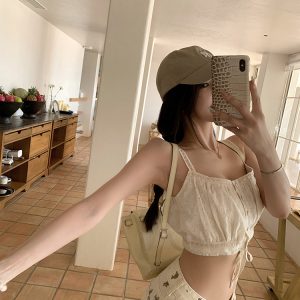 Women's Summer Vintage Embroidered Hollow Top with Spaghetti Straps - French Style, Letter Girl Design, Perfect for Y2K Fashion