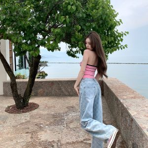 Women's Summer Vintage Laser Burned Floral Diamond Straight Leg Slim Fit Jeans - Trendy Y2K Inspired Denim for Effortless Style