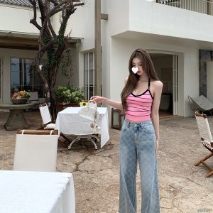 Women's Summer Vintage Laser Burned Floral Diamond Straight Leg Slim Fit Jeans - Trendy Y2K Inspired Denim for Effortless Style