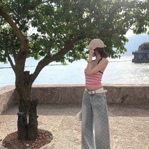 Women's Summer Vintage Laser Burned Floral Diamond Straight Leg Slim Fit Jeans - Trendy Y2K Inspired Denim for Effortless Style