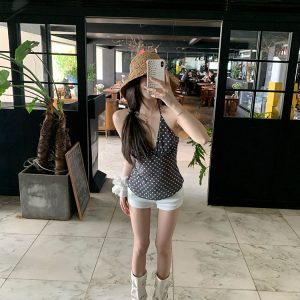 Women's Summer Vintage Polka Dot V-Neck Chiffon Halter Top - Retro Style, Cute Polka Dot Design, Perfect for 90s Inspired Fashion