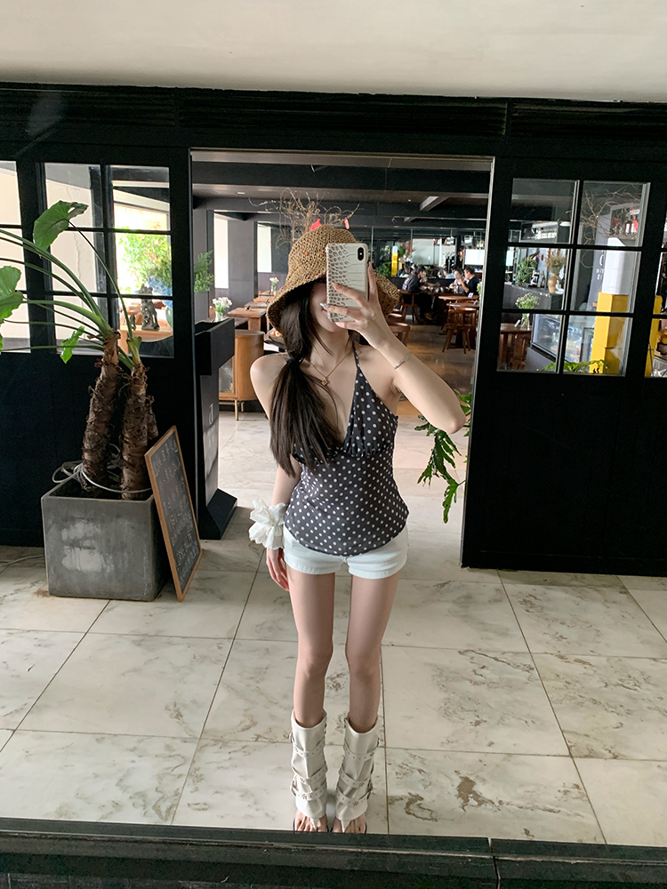 Women's Summer Vintage Polka Dot V-Neck Chiffon Halter Top - Retro Style, Cute Polka Dot Design, Perfect for 90s Inspired Fashion Women's Summer Vintage Polka Dot V-Neck Chiffon Halter Top - Retro Style, Cute Polka Dot Design, Perfect for 90s Inspired Fashion