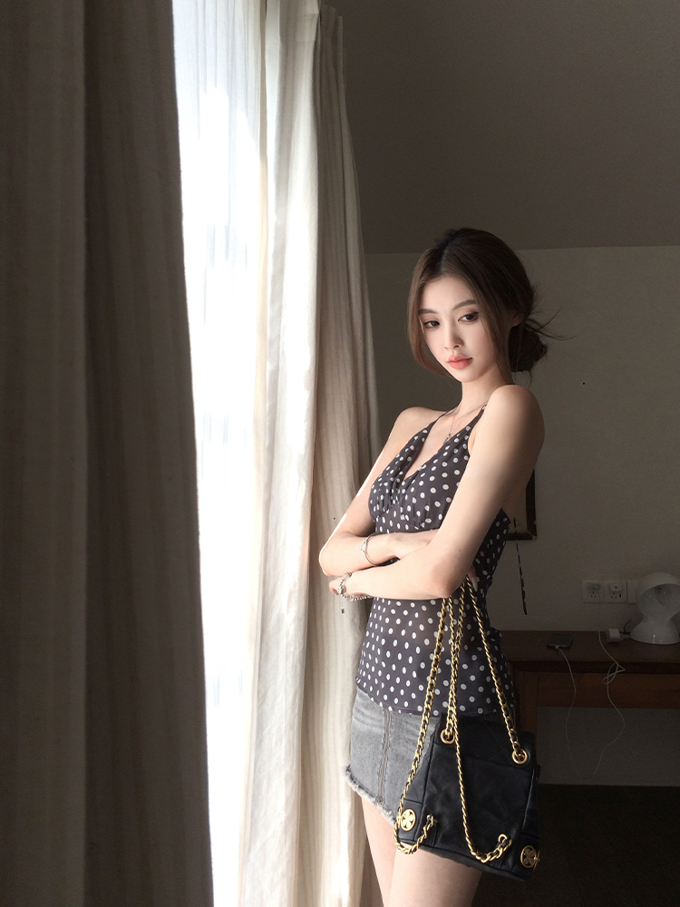 Women's Summer Vintage Polka Dot V-Neck Chiffon Halter Top - Retro Style, Cute Polka Dot Design, Perfect for 90s Inspired Fashion Women's Summer Vintage Polka Dot V-Neck Chiffon Halter Top - Retro Style, Cute Polka Dot Design, Perfect for 90s Inspired Fashion