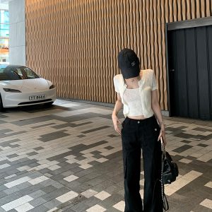 Women's Summer Vintage White Loose Wide-Leg Cargo Pants - Casual 90s American Style Streetwear