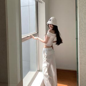 Women's Summer Vintage White Loose Wide-Leg Cargo Pants - Casual 90s American Style Streetwear