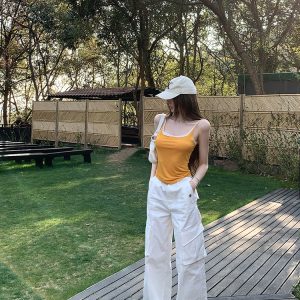 Women's Summer Vintage White Loose Wide-Leg Cargo Pants - Casual 90s American Style Streetwear