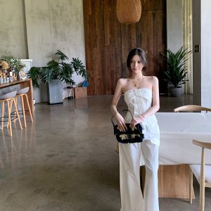 Women's Summer White Strapless Two-Piece Set with Waist-Cinching and Wide-Leg Pants - Casual Chic Style for Effortless Elegance