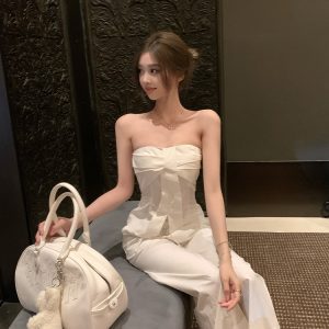 Women's Summer White Strapless Two-Piece Set with Waist-Cinching and Wide-Leg Pants - Casual Chic Style for Effortless Elegance