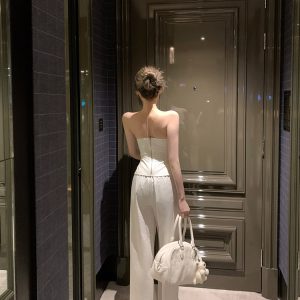 Women's Summer White Strapless Two-Piece Set with Waist-Cinching and Wide-Leg Pants - Casual Chic Style for Effortless Elegance