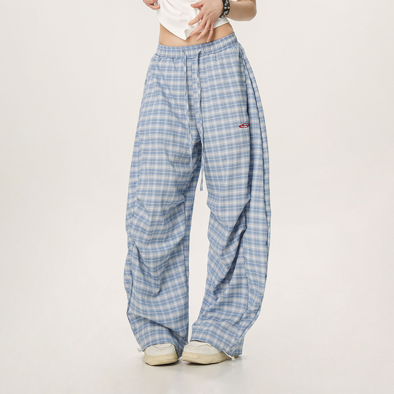Women's Summer Wide-Leg Plaid Trousers - Casual Blue Sports Pants, Straight Loose Fit, 90s Style, Team Captain Vibes