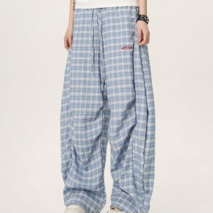 Women's Summer Wide-Leg Plaid Trousers - Casual Blue Sports Pants, Straight Loose Fit, 90s Style, Team Captain Vibes