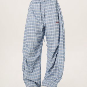 Women's Summer Wide-Leg Plaid Trousers - Casual Blue Sports Pants, Straight Loose Fit, 90s Style, Team Captain Vibes