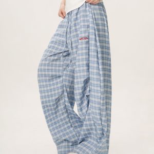 Women's Summer Wide-Leg Plaid Trousers - Casual Blue Sports Pants, Straight Loose Fit, 90s Style, Team Captain Vibes