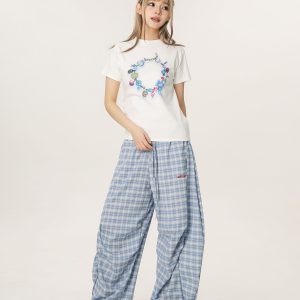 Women's Summer Wide-Leg Plaid Trousers - Casual Blue Sports Pants, Straight Loose Fit, 90s Style, Team Captain Vibes