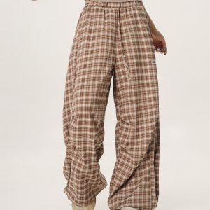 Women's Summer Wide-Leg Plaid Trousers - Casual Blue Sports Pants, Straight Loose Fit, 90s Style, Team Captain Vibes