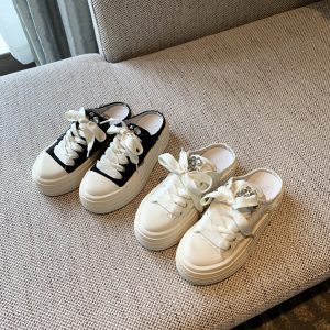 Women's Thick-Soled Lace-Up Canvas Slippers - Versatile Casual Half-Drag Sandals for Spring 2025 Fashion