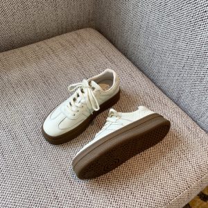 Women's Thick-Soled Lace-Up White Sneakers - Genuine Leather Casual Sports Shoes for Spring 2025, Perfect for Training and Everyday Wear