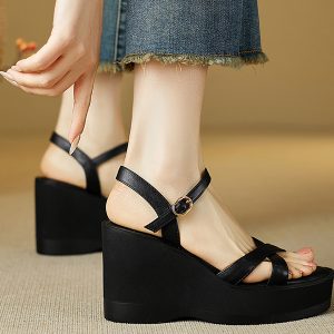 Women's Thick-Soled Wedge Open-Toe Sandals - 2025 Summer Waterproof High Heels in Cowhide - Stylish and Comfortable Footwear