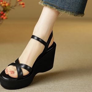 Women's Thick-Soled Wedge Open-Toe Sandals - 2025 Summer Waterproof High Heels in Cowhide - Stylish and Comfortable Footwear