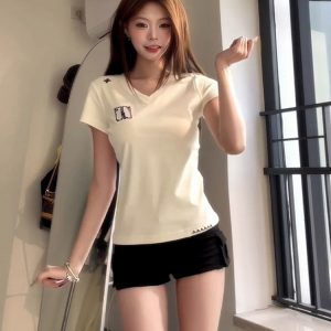 Women's V-Neck Spicy Girl T-Shirt - 2025 Summer White Casual Short Sleeve Slimming Top, American Style Versatile Fashion