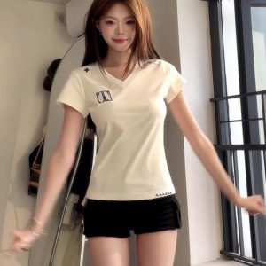 Women's V-Neck Spicy Girl T-Shirt - 2025 Summer White Casual Short Sleeve Slimming Top, American Style Versatile Fashion